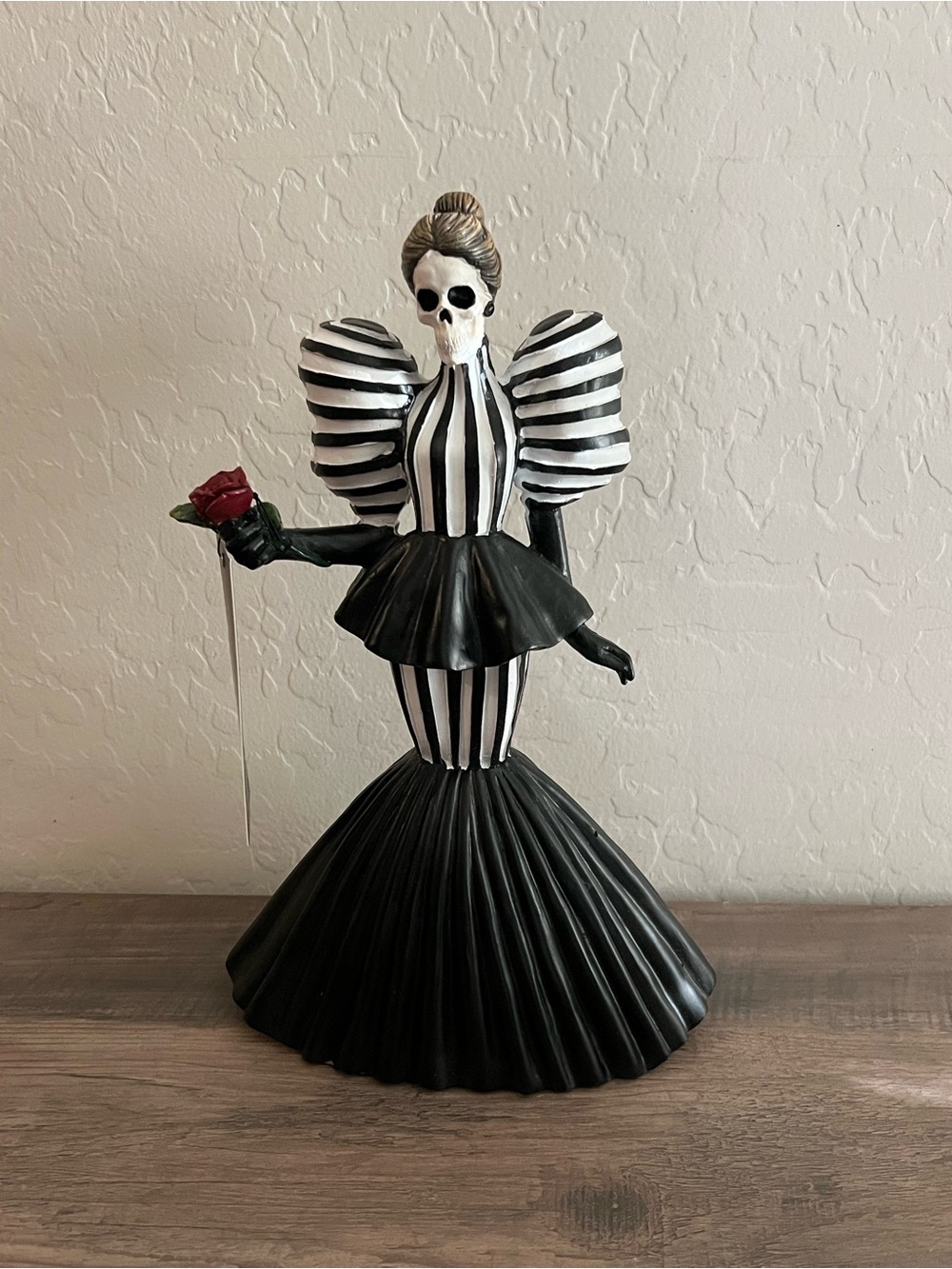 Rachel Zoe Black & White Striped Skeleton Lady Figurine with Red Rose